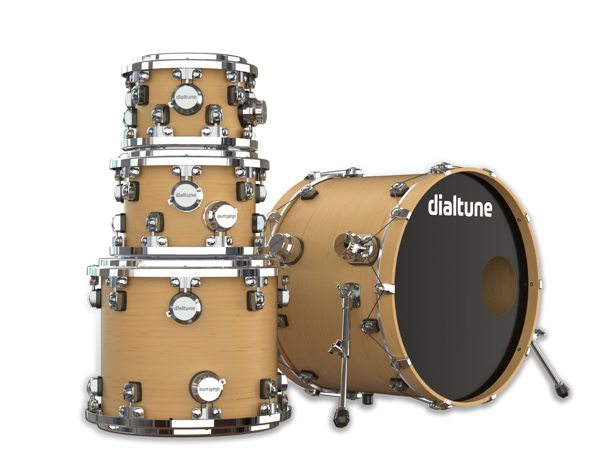 A computer render of Dialtune's 4-piece drum kit in Natural Stain